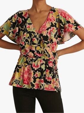 Ralph Lauren Black Floral Wrap Peplum Top